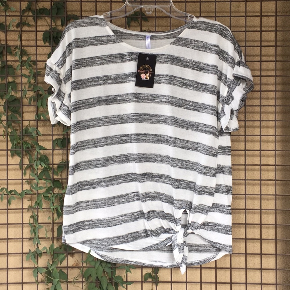 {DNA Couture}Sz Small Gray Heather/White Striped Knit Top
